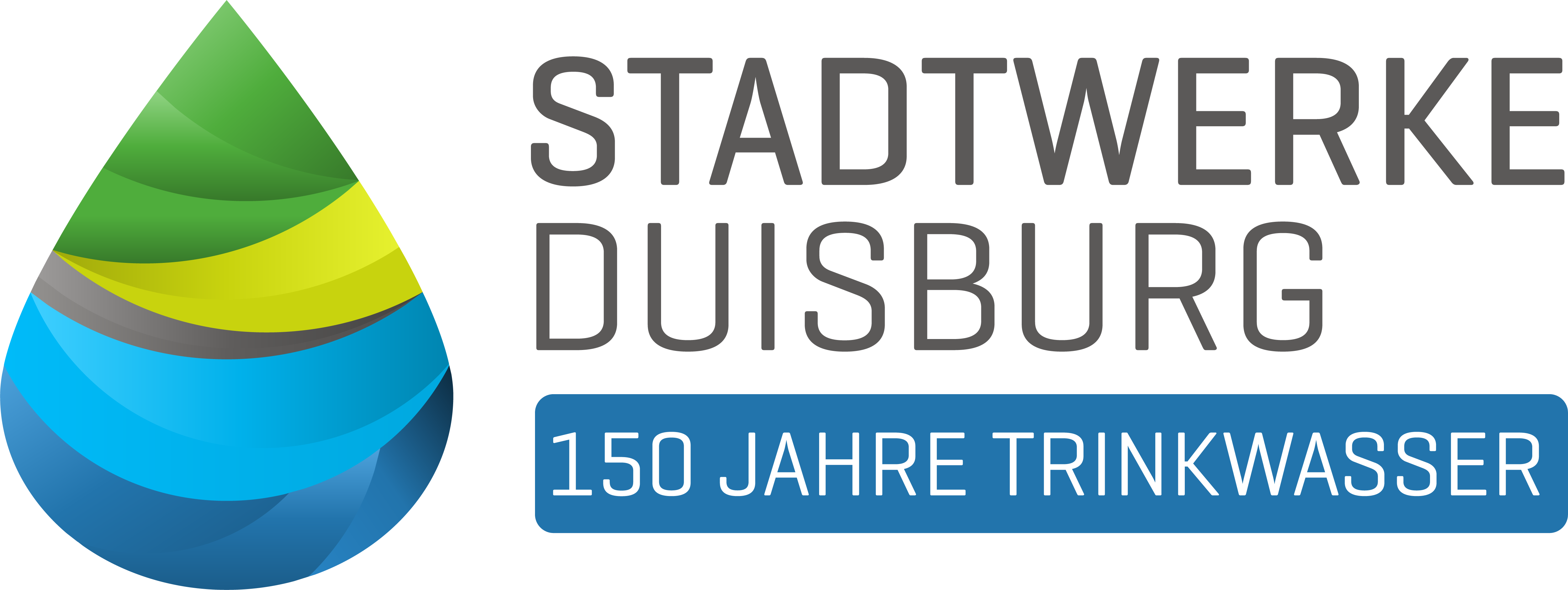 Diese Grafik zeigt das Jubiläumslogo anlässlich 150 Jahre Trinkwasserversorgung durch die Stadtwerke Duisburg.